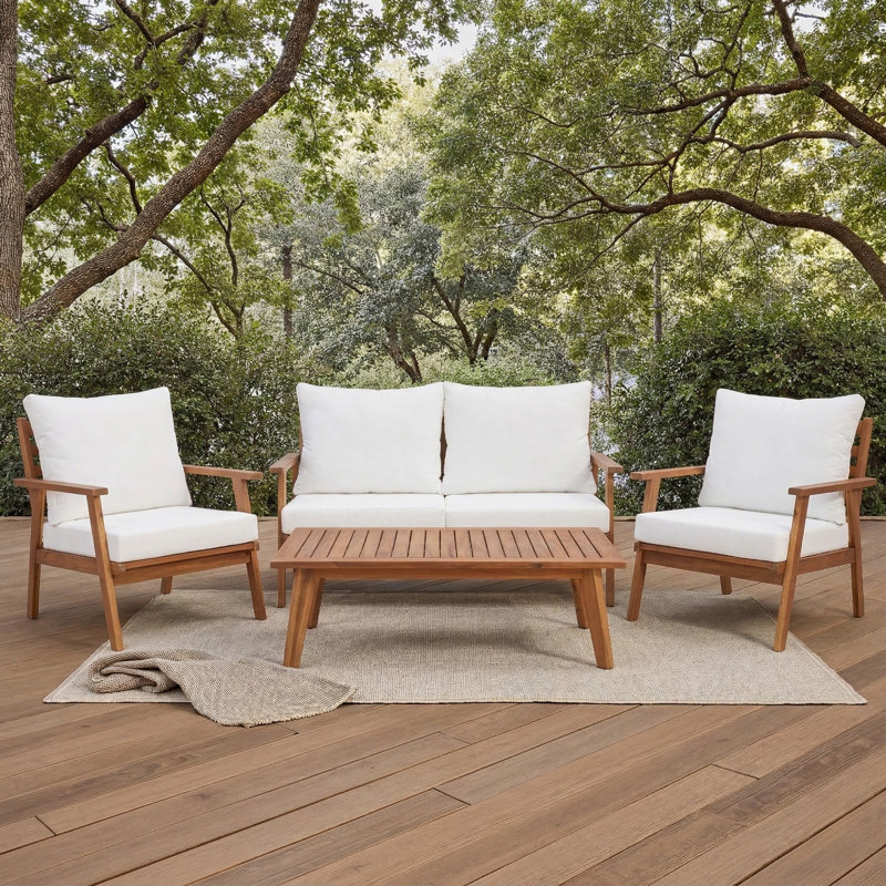 Ensemble de conversation 4 pièces pour 4 personnes en bois d'acacia , Cadre naturel / coussin blanc