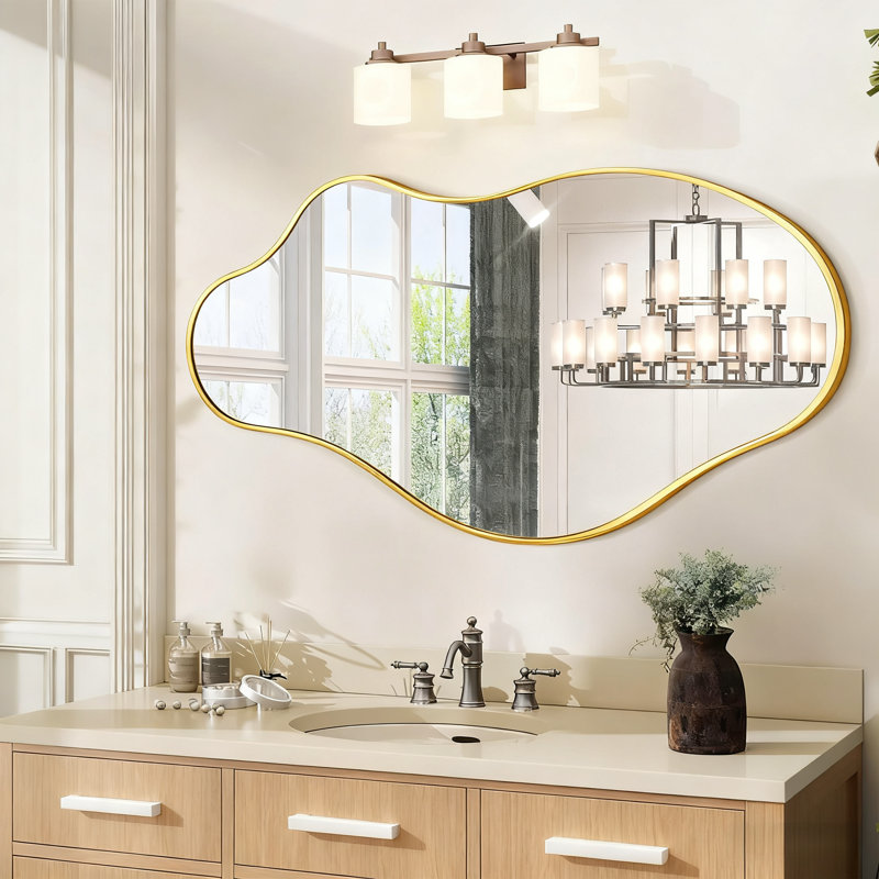 Irregular Metal Framed Wall Mirror, Asymmetrical Mirrors for Bathroom, Gold, 60 cm H x 110 cm W