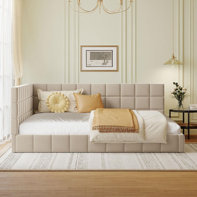 Structure de lit de jour double rembourrée pleine grandeur - beige, velours