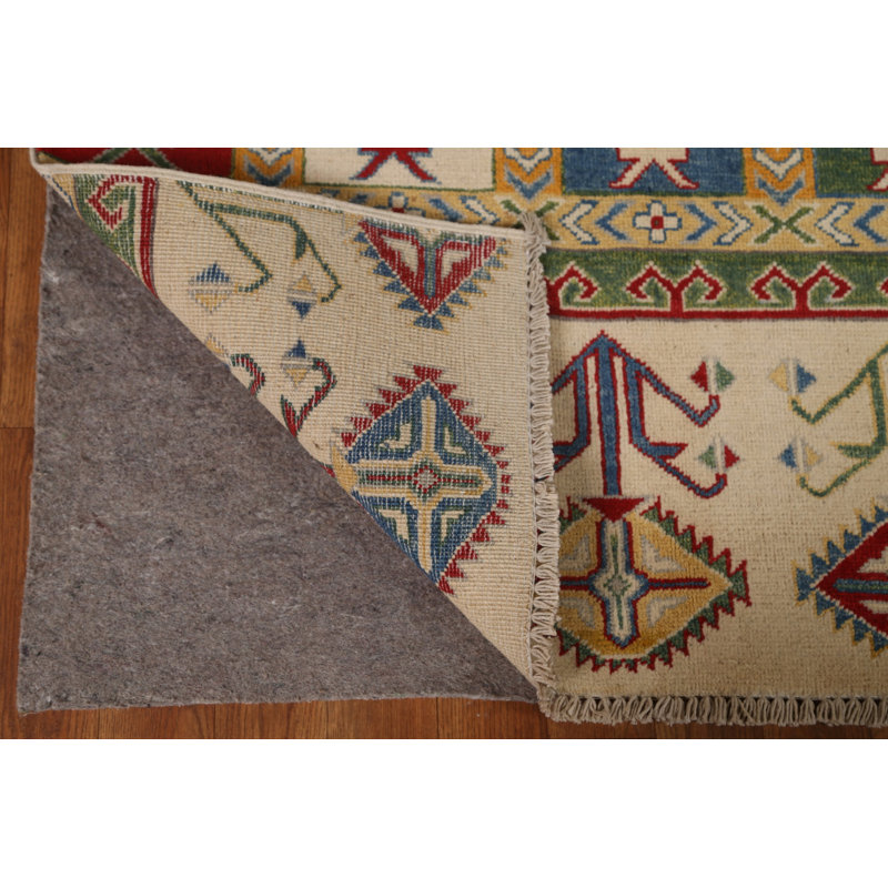 Tapis rectangulaire en laine noué à la main de conception unique 6 pi 7 po x 9 pi 6 po nouvel âge ivoire / rouge / vert