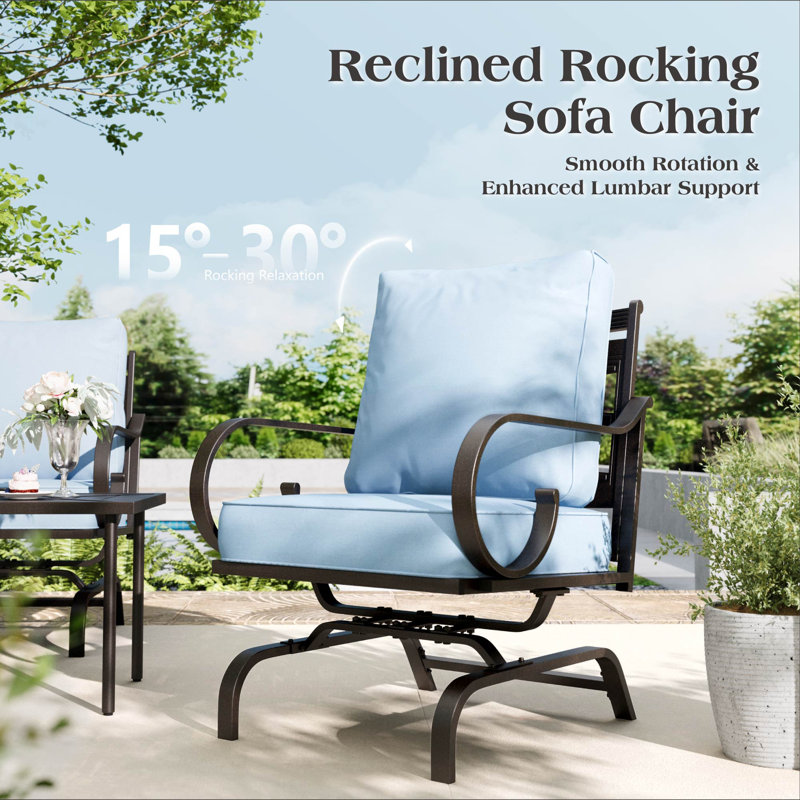 7 - Person Metal Patio Conversation Set, Blue, 6 Pcs: Table, Sofa, 2 Rocking Chairs,2 Arm Chairs, No