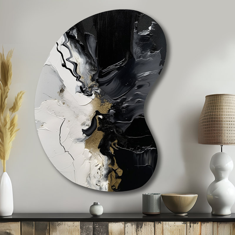 «Black Splash Paint Art I», impression abstraite asymétrique sur métal, sculpture murale en métal de forme unique