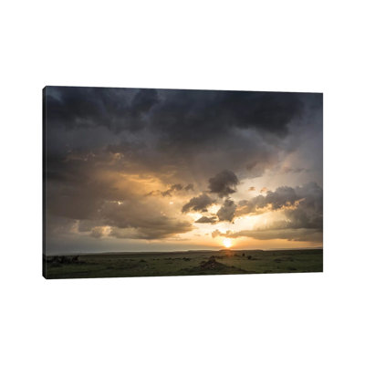 Africa, Kenya, Maasai Mara National Reserve. Storm Clouds Over Savannah at Sunset 1 Piece Wrapped Canvas Wall Art