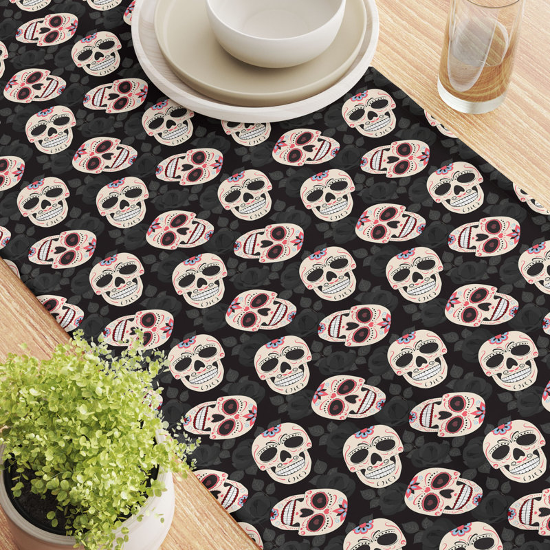 Geometric Halloween Table Runner, 108" x 14", Dia De Los Muertes Skulls