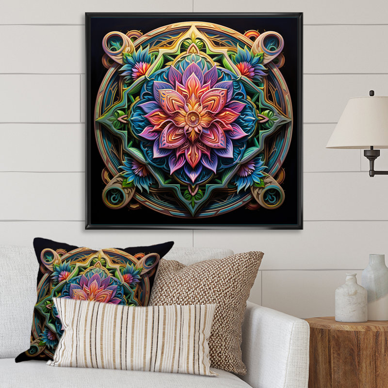 Ancien mandala magique coloré sur toile, Cadre flottant noir, H 30 po x l 30 po x P 1 po