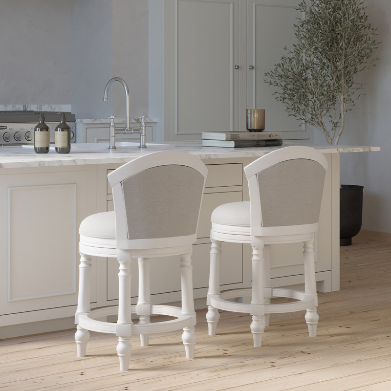 Tabouret de bar à hauteur de comptoir de 26 po, pivotant à 180 degrés, rembourré à dossier, structure blanche et tabouret pivotant à finition grise avec design, siège, dossier rembourré