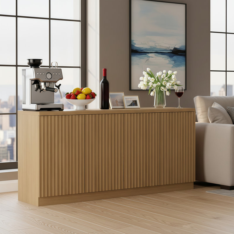 Natural Wood-Colored Sideboard, 62.60 Inch, Four Doors, Four Shelves, Storage And Organization, Suitable For Living Room/Hallway/Kitchen/Coffee Area.