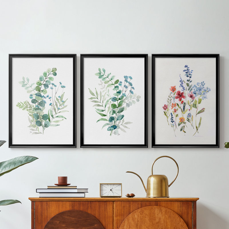 Blue Mist Eucalyptus I - Toile tendue avec châssis sur mesure - 3 pièces, H 27 po x l 39 po, Noir