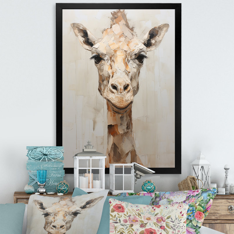 Minimalisme, girafe beige sur toile, H 32 po x l 16 po x P 1 po, Cadre simple noir