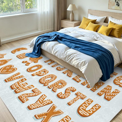 Tapis d'intérieur blanc lavable à la machine, motif alphabet et gingembre