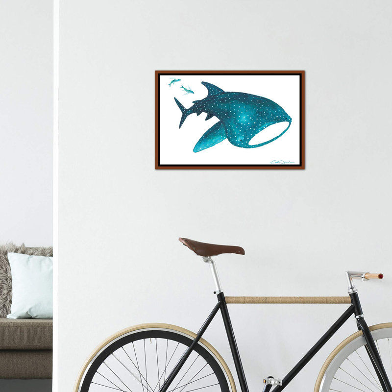 " Whale Shark And Fishes ", No Mat, 18" H x 26" W x 1.5" D, Brown Framed Canvas
