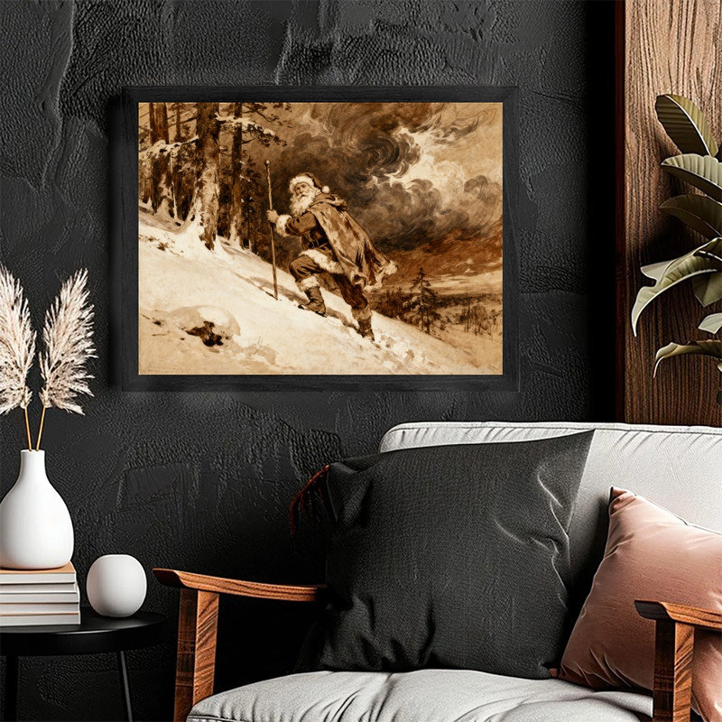 Art mural rétro noir encadré père Noël - Reproduction encadrée de scène de forêt de Noël rustique, H 11 po x l 9 po