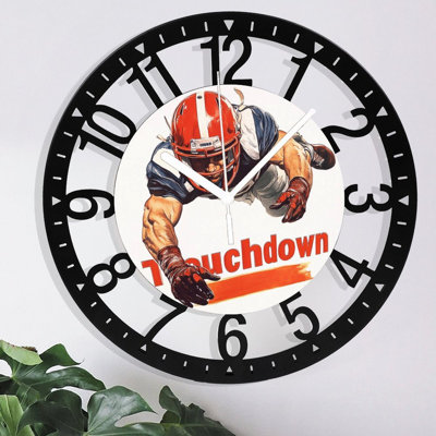 Metal Wall Clock for Living Room -10" Touchdown Football Player Diving Silent Non Ticking,Battery Operated, Antique Clocks for Farmhouse,Bedroom,Kitchen - Arabic Numerals