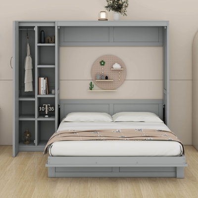 Grand lit escamotable, lit escamotable en bois avec tablettes, garde-robe et lumières DEL, aucun sommier nécessaire