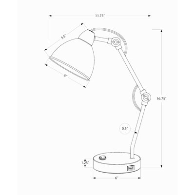 Éclairage, H 17 po, lampe de table, port USB inclus, nickel métallique, abat-jour nickel, moderne