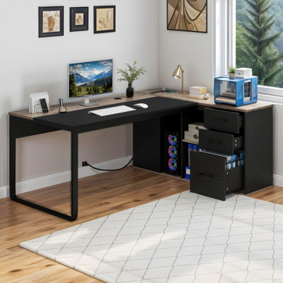 Foldable L-Shaped Computer Desk with Built-In Electrical Outlet