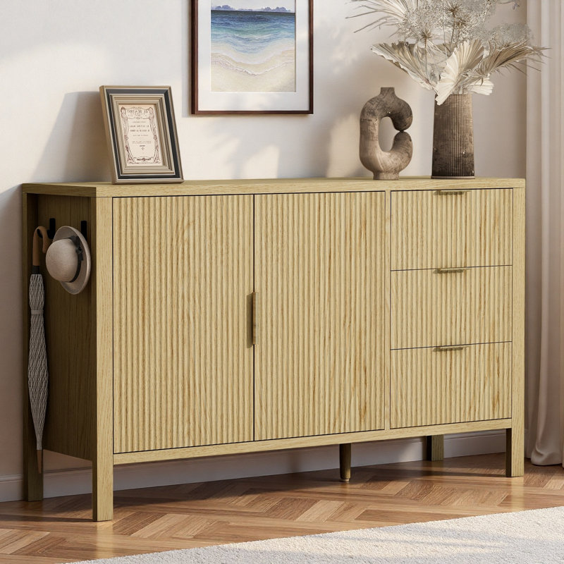Buffet moderne avec 3 tiroirs, crochets et portes à motif de vagues, Naturel