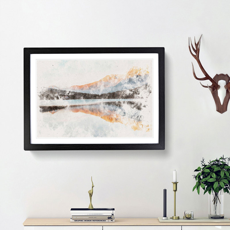 Mountain Reflection in Italy - Framed Print, 33cm H x 45cm W x 2cm D, Black Framed