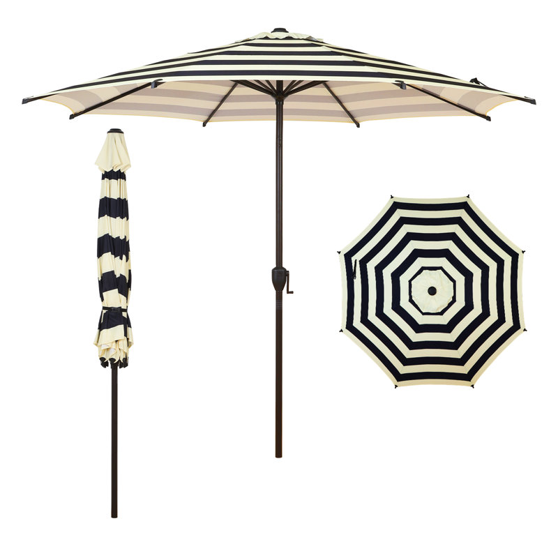 Lyon Market Umbrella with Crank Lift, Black & Ivory Striped, 108" W x 108" D