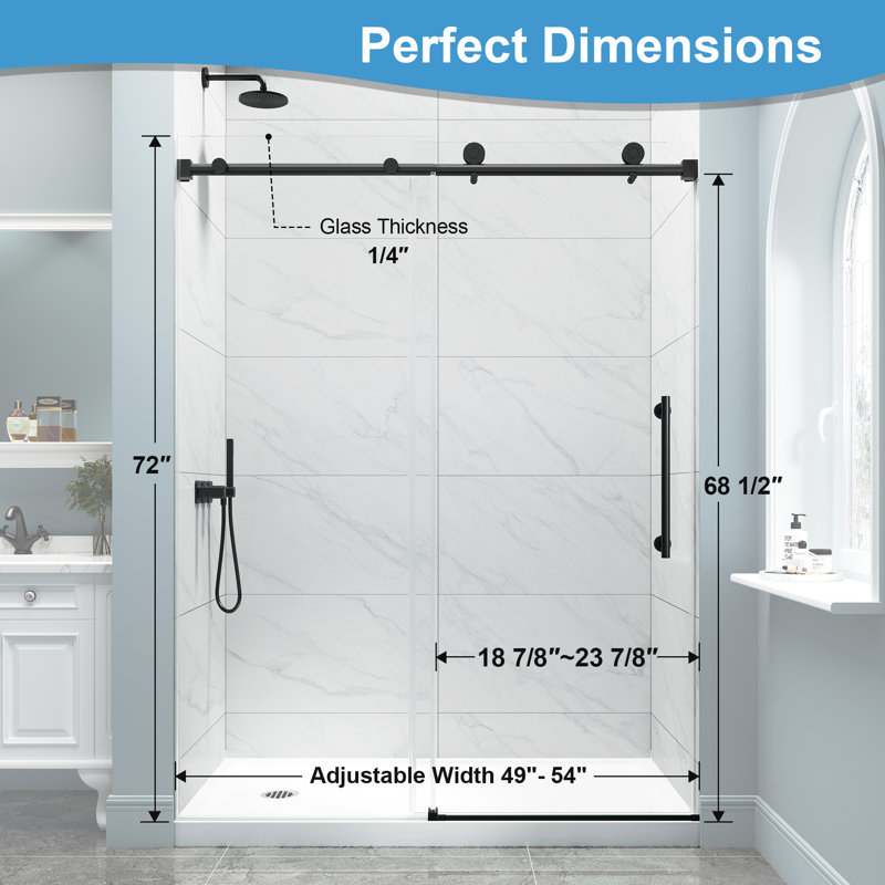 49"-54" W x 72" H Single Sliding Frameless Shower Door in Matte Black with 1/4" (6mm) Clear Tempered Glass, Aluninum Frame, Large Handle