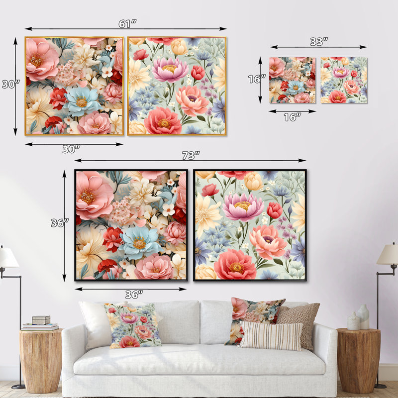 Loyce - Ensemble de 2 collages carrés floraux, H 16 po x l 33 po, Cadre flottant doré