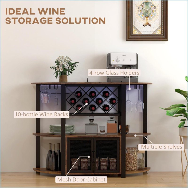 Bar à vin industriel avec station de charge, lumières DEL et support pour 10 bouteilles | Brun rustique | Acier