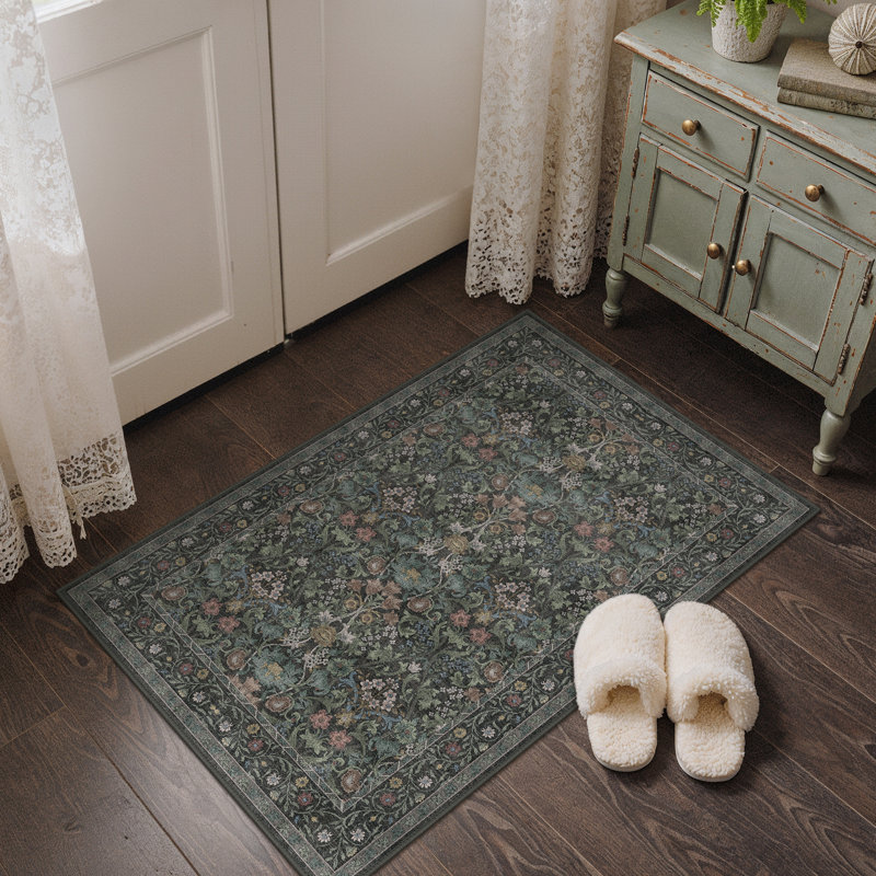 Vlive Floral Indoor Rug with Non-Slip Backing, Machine Washable Dark Green/Teal/Gray, Round 5'