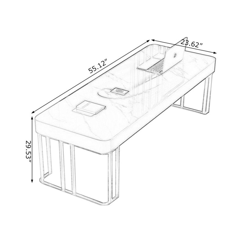 Bureau rectangulaire en pierre frittée avec tiroirs, H 29,53 po x l 55,12 po x P 23,62 po