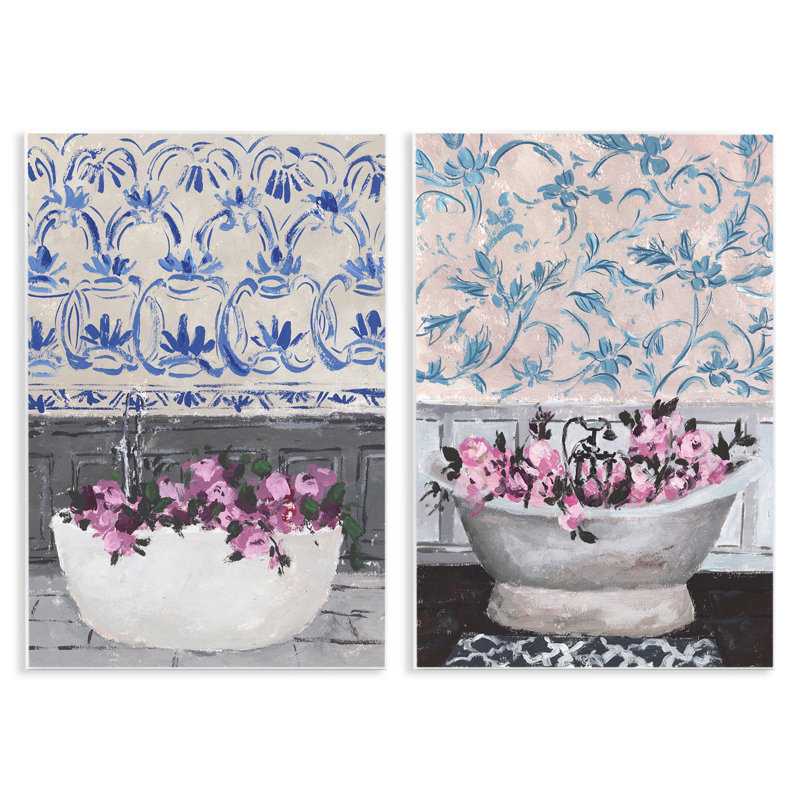 «Flowers In Bath Tub Pink Blue Interior» par Melissa Wang - ensemble de 2 reproductions d'impressions, H 15 po x l 10 po