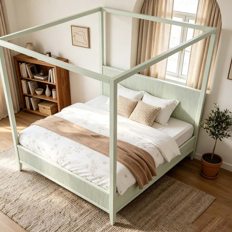 Lit plateforme à baldaquin en bois avec tête de lit cannelée, Très grand lit, Beige