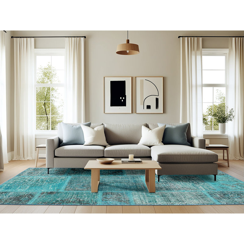 Tapis bleu ciel contemporain/zone blanche Basque, Rectangle 6 pi x 9 pi