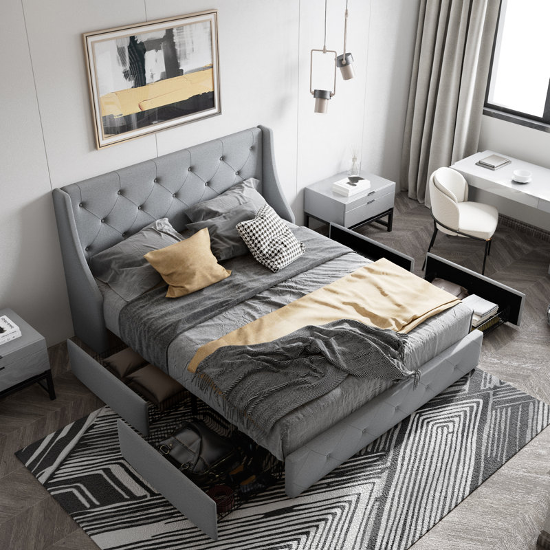  Losada 4-Drawer Upholstered Storage Bed with Wingback Headboard - Maximize Bedroom Space, No-Hassle Under Bed Storage,Full Size