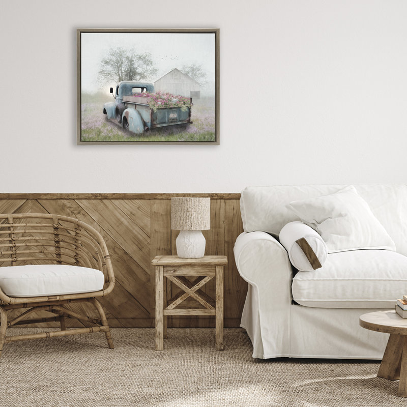 Camion brumeux avec cadre flottant fleurs, design par Lori Deiter, H 17 po x l 21 po, Cadre flottant orme Montalcino