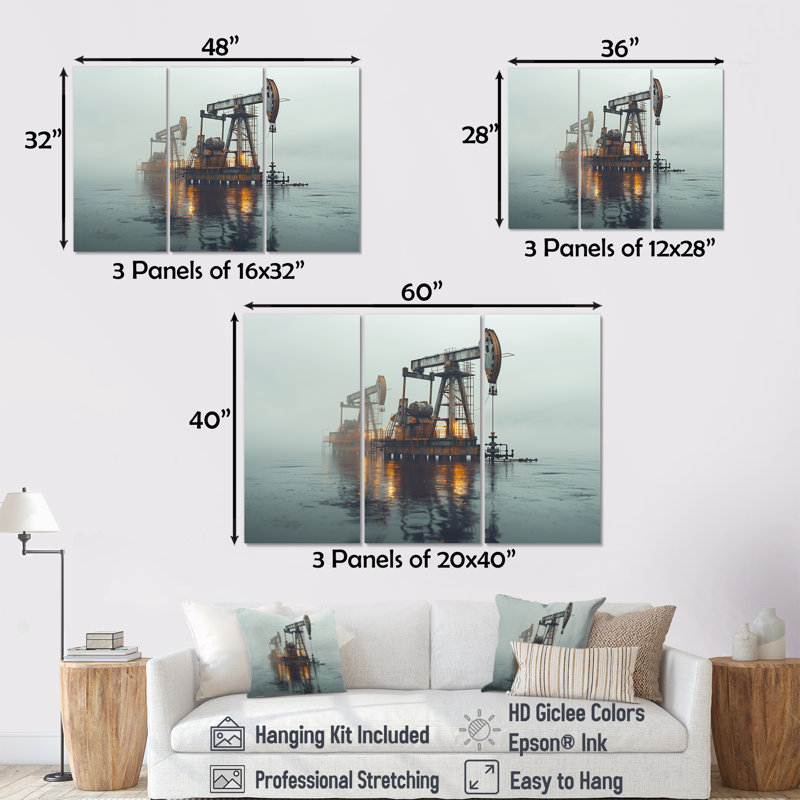 Gris, jaune, hiver, carburant, Futures, plate-forme de pétrole, ensemble d'art mural, H 28 po x l 36 po x P 1 po
