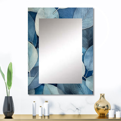 «Grey Blue Leafs» Harmony - miroir mural décoratif floral, grand miroir traditionnel, impression d'art en métal