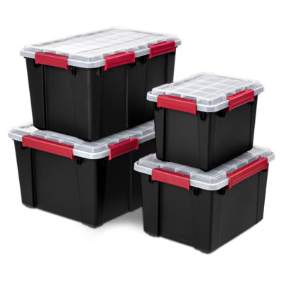 Sterilite 20 Gal Gasket Box, Stackable Storage Container with Lid, Black, 4 Pack