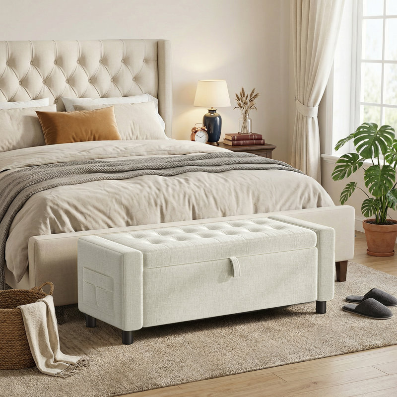 Banc de rangement avec repose-pieds 45,3 po, banc de bout rembourré plus épais de 3,14 po avec compartiment caché de 30 gallons et poche latérale, pour chambre à coucher, salon, entrée, beige