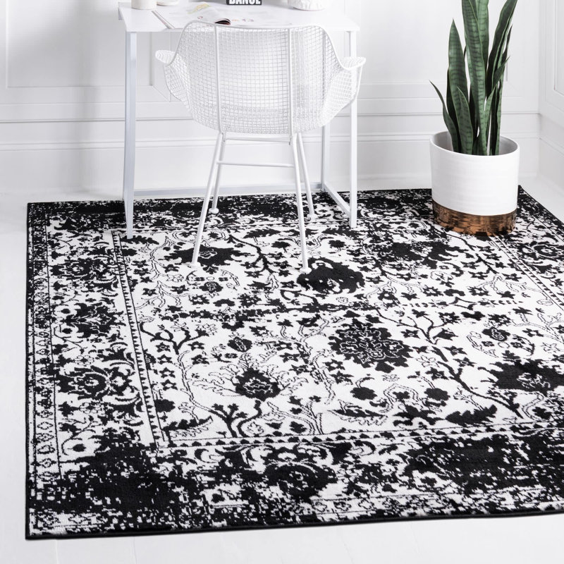 Ortilio Oriental Area Rug, Square 7'10", Black