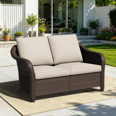 Canapé d'extérieur en osier pour 2 personnes avec coussin beige en PE