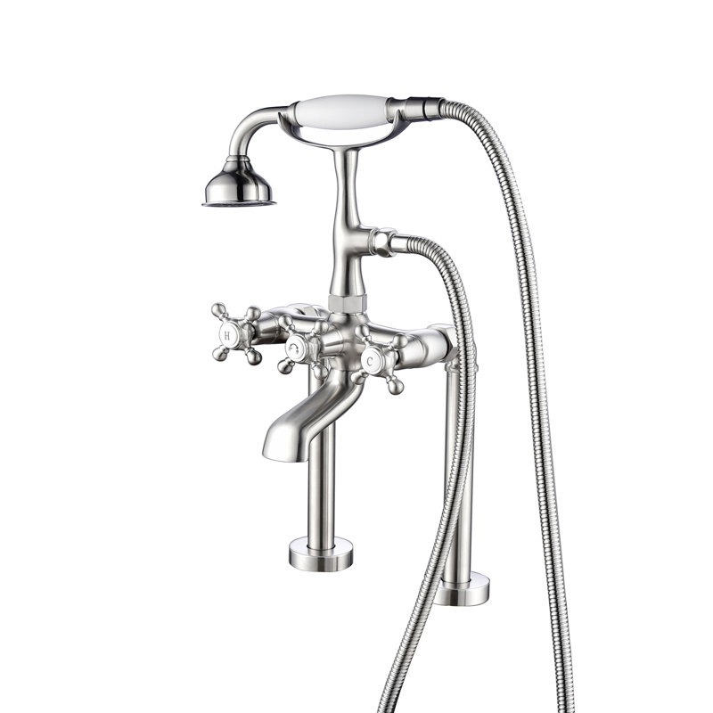 Robinet pour baignoire sur pattes trois poignées avec robinet de déviation et douchette, Nickel brossé