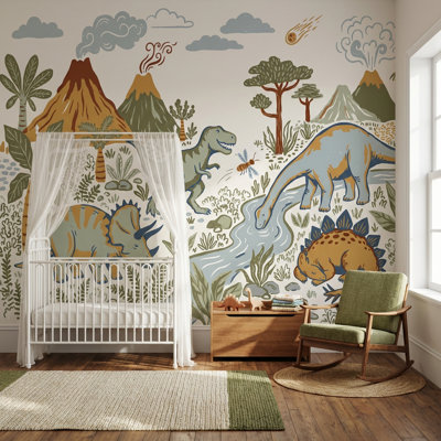 Murale de dinosaures avec volcan préhistorique