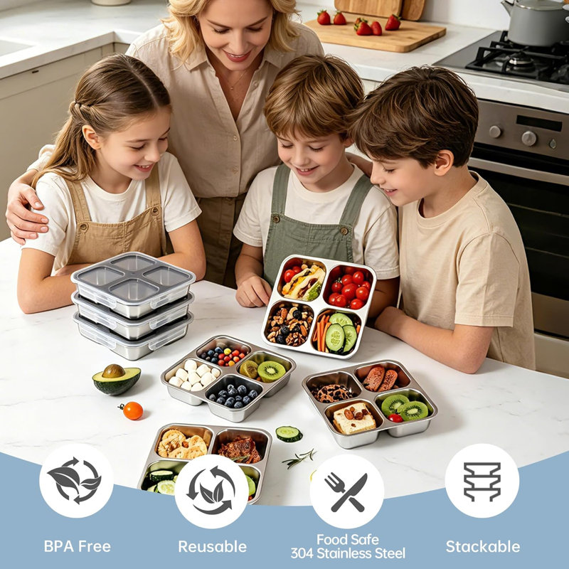 Stainless Steel Snack Containers with Lids 4 Compartment Lunchable Container