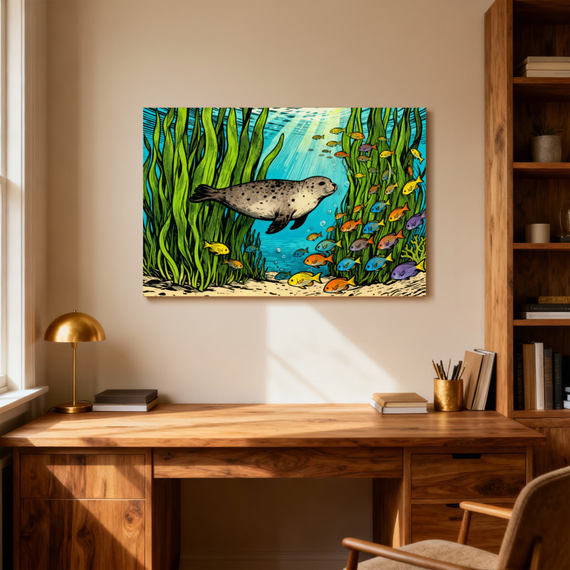Animals Seal Swims Among Seaweed And Colorful Fish, 32" H x 48" W