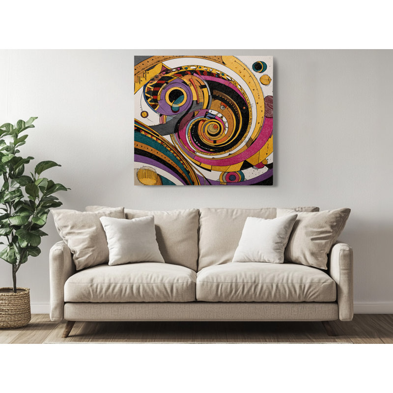 Reproduction d'art moderne sur toile, tourbillon abstrait et moderne, spirales géométriques, reproduction de salon multicolore jaune et rose
