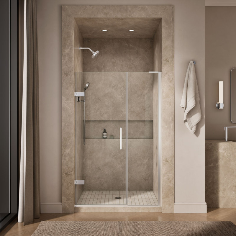 Composed 4646-3/4-In W X 71-1/2-In H Frameless Pivot Shower Door With 3/8-In Crystal Clear Glass And Back-To-Back Vertical Door Pulls
