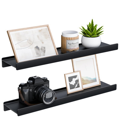 Tablettes flottantes pour le mur, tablettes murales avec rebord pour le rangement, tablettes en métal pour la décoration intérieure, paquet de 2 noir de 20 pouces
