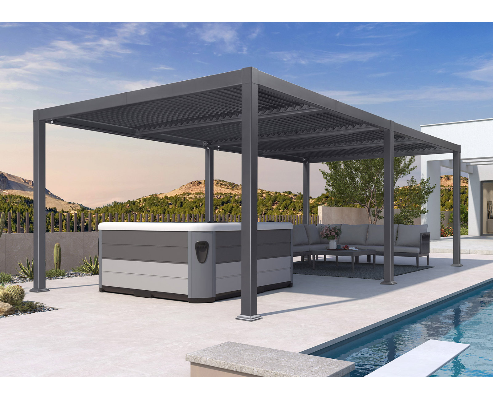 Louvered Pergola, 92.58"H x 279.21"W x 137.36"D