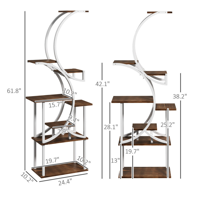 8 Tier Plant Stand Indoor, 62" Tall Plant Shelf, S-Shaped Plant Rack for Multiple Plants, Corner Plant Flower Holder with White Steel Frame for Home, Patio, Balcony, Carbonised Finish,wood