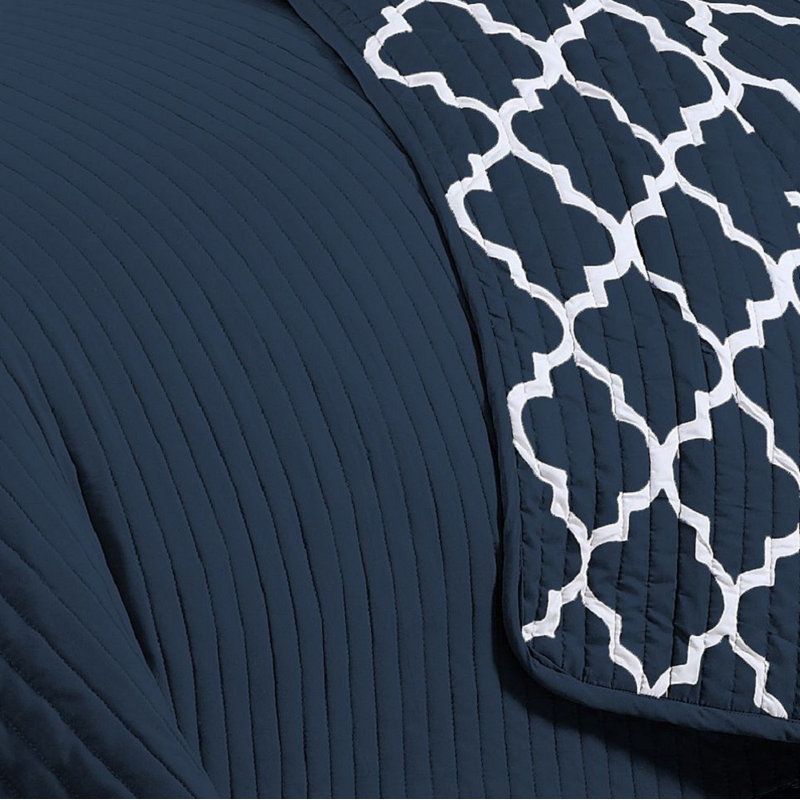 Traditional Polyester Jersey Knit Quilt, Navy, Twin Quilt + 2 Twin Shams + 2 Throw Pillows