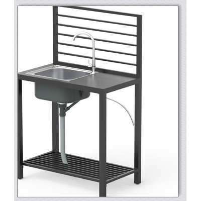 Îlot de cuisine extérieur avec rangement, structure en aluminium, évier en acier inoxydable, robinet et égouttoir pour une utilisation intérieure / extérieure